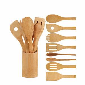 8-Piece Wooden Cooking Utensil Set with Holder, Natural Bamboo Kitchen Utensils for Non-Stick Cookware, Wooden Spoons, Spatulas, and Tongs, Eco-Friendly Gift for Home Chefs