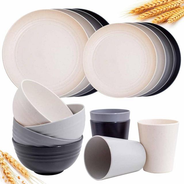 Rubtlamp 16Pcs Wheat Straw Dinnerware Set, Microwave Plates, Reusable Plastic Dishes Set of 4, Unbreakable Plates and Bowls sets Include Dinner Plate, Dessert Plate, Cereal Bowls, Cups