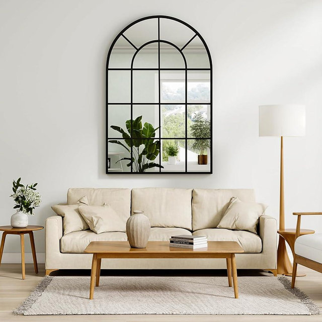 Riskioir 24"×36" Windowpane Arched Wall Mirror, Grid-Designed Decorative Farmehouse Wall Mounted Mirror with Metal Frame Hanging Leaning for Entryway, Living Room, Home Decor, Black