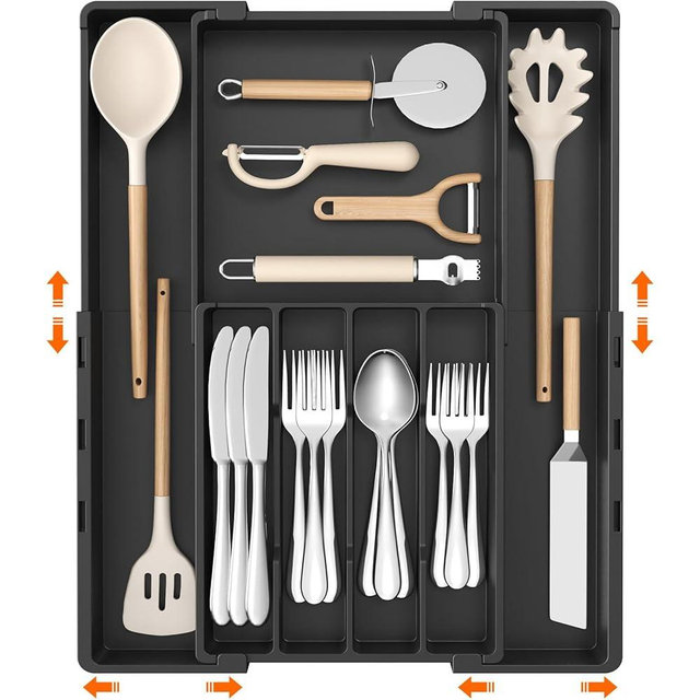 Lifewit Silverware Drawer Organizer, Expandable Utensil Tray for Kitchen, BPA Free Flatware and Cutlery Holder, Adjustable Plastic Storage for Spoons Forks Knives, 4-7 Slots, Black