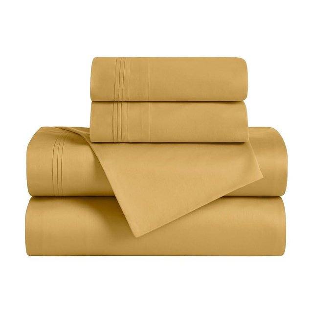 Superior Egyptian Cotton 4 Piece Sheet Set, 650 Thread Count, Eco-Friendly, Sustainable Sheets, Ultra-Soft Basics, Solid, Deep Pocket Fitted Sheet, Flat Sheet, Pillowcases, Queen, Gold