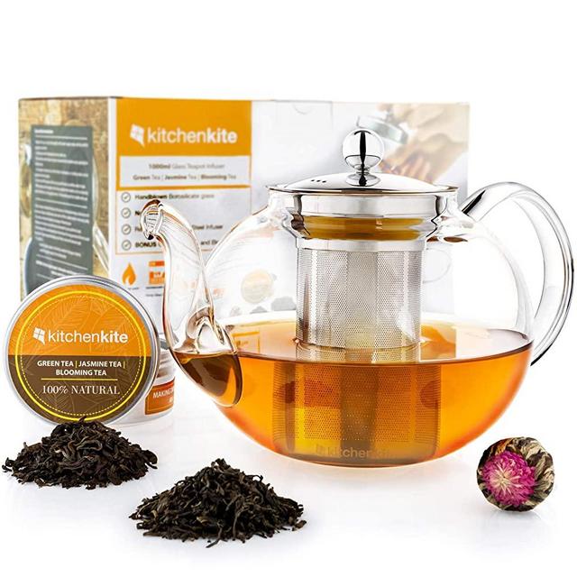 Glass Teapot with Infuser - Stovetop Teapot with Removable Stainless Steel Strainer, Microwave & Dishwasher Safe, Tea Pot with Blooming, Loose Leaf Tea Sampler. Tea Diffuser & Tea Maker