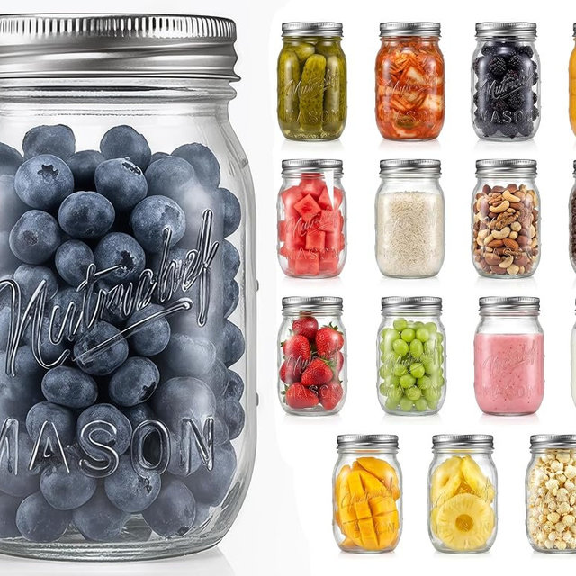 NutriChef 16 Pack Mason Jars 16 oz with Lids, Wide Mouth Airtight Seal, Freeze Safe Durable Glass, Silver Screw Lids for Meal Prep, Jam, Honey and Wedding Gifts, Leakproof & Dishwasher Safe Glass Jars
