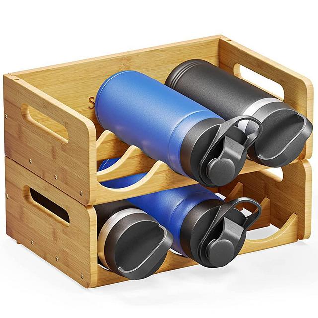 SpaceAid Bamboo Water Bottle Organizer with Labels, Kitchen Pantry Water Bottle Storage Rack for Cabinets, Home Cup and Wine Bottle Holder Shelf Organizers, 2 Pack 3-Slot, Hold 6 Bottles