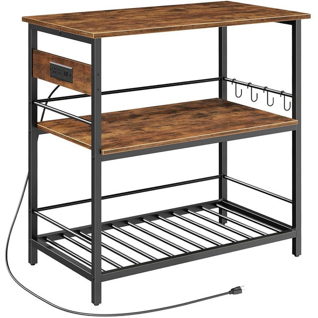 HOOBRO Kitchen Island with Storage, Kitchen Island Table with Power Outlet, 47.2" L 3 Tier Coffee Station and Microwave Stand, for Home, Kitchen and Dining Room, Rustic Brown and Black BF120UZD01