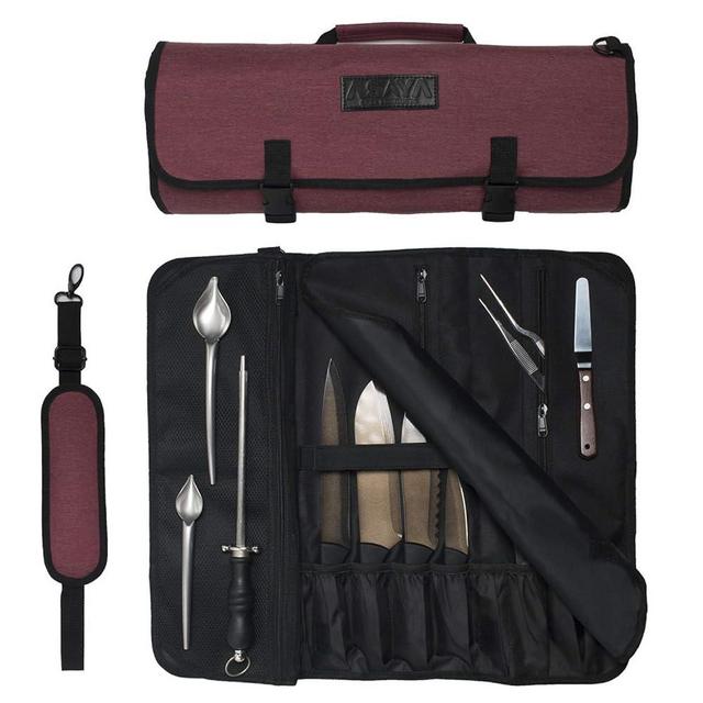 Asaya Chef Knife Roll Bag - 20 Total Pockets for Knives and Kitchen Utensils - Made with Stain Resistant Waxed Nylon - For Chefs and Culinary Students - Knives Not Included(Red)