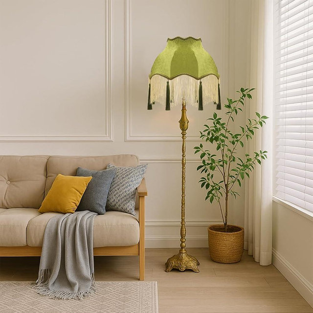 VIHOSE Victorian Scallop Lamp Shade Vintage Large 7.5" Top x 15.8" Bottom x 15 "High Replacement Lamp Shade with Tassels and Fringe Finial Fitting Bell Shape Scallop Fringe(Olive Green)