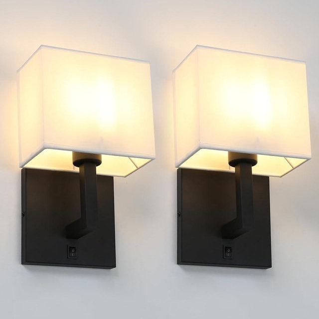 Yosoan Set of 2 Indoor Vanity Wall Sconce with On Off Switch, Brass Modern Boho Vintage Industrial Light with Square Fabric Shade for Bedroom Living Room Library Hallway Porch Dual Lamp Decor(Black)