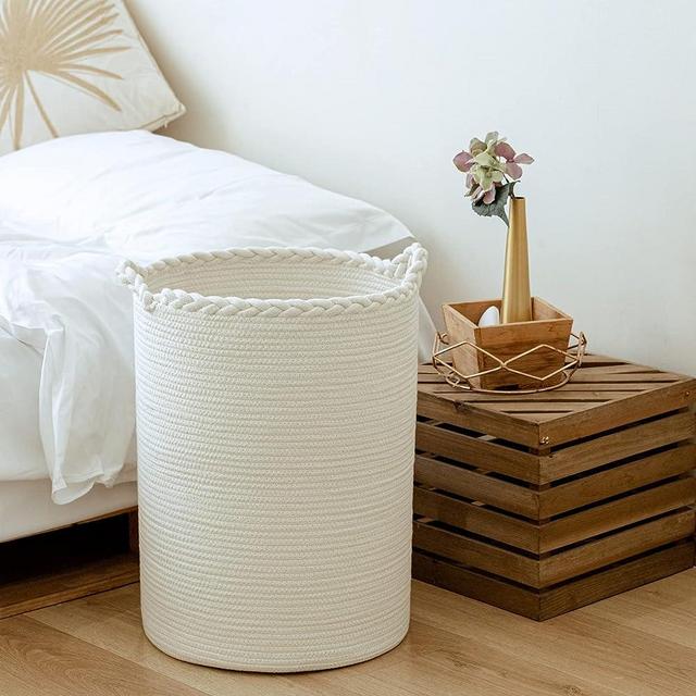 Homlikelan 72L Woven Laundry Basket,Tall Wicker Laundry Basket for Blankets,Clothes,Pillows,Toys,Shoes Large Cotton Laundry Hamper for Bedroom Living Room Bathroom Nursery White