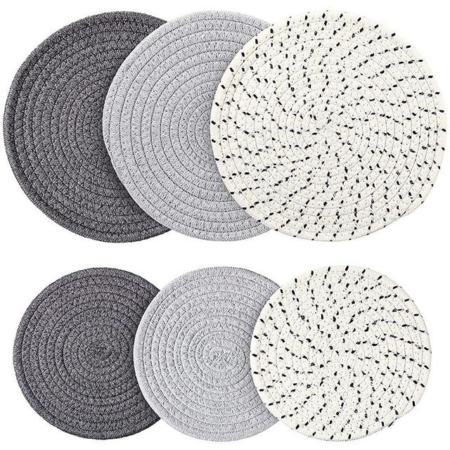 6 Pieces Pot Trivets Large Braided Woven Trivet Coaster, Thread Weave Cup Coaster Hot Pot Dish Trivet Pad Mat for Kitchen Cooking Supplies (7 Inch and 9 Inch, Gray, Dark Gray, White Gray)