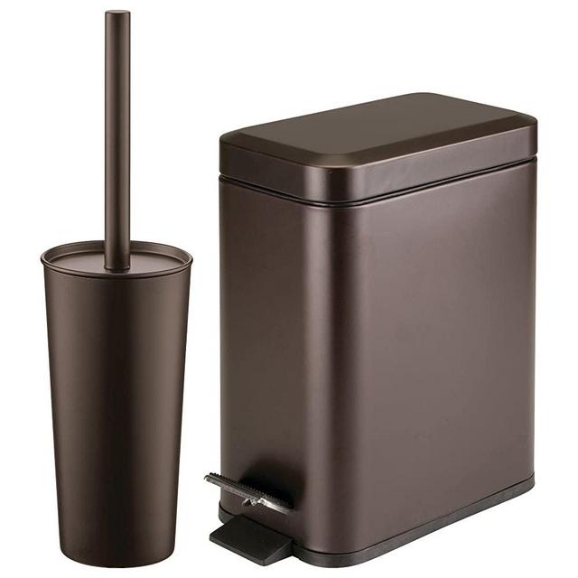 mDesign Metal Freestanding Slim Toilet Bowl Brush and Holder + Rectangle Narrow Step-On Trash Can Wastebasket for Bathroom Storage - Small, Compact Design - Bronze
