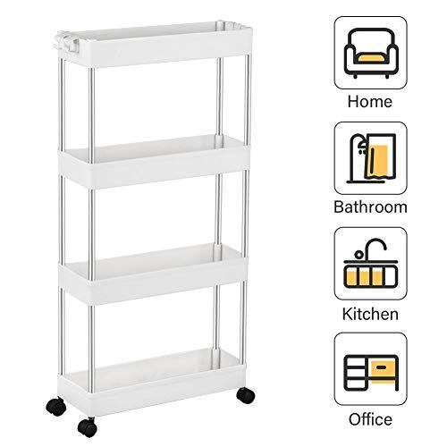 SPACEKEEPER 4 Tier Slim Storage Cart Mobile Shelving Unit Organizer Slide Out Storage Rolling Utility Cart Tower Rack for Kitchen Bathroom Laundry Narrow Places, Plastic & Stainless Steel, White