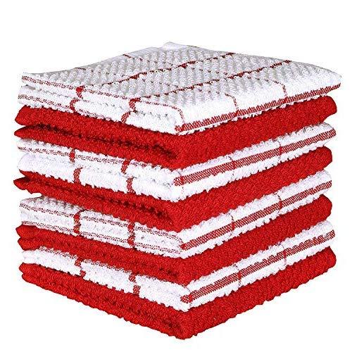 Amour Infini Cotton Terry Kitchen Dish Cloths Set of 8 (12 x 12 Inches), Red