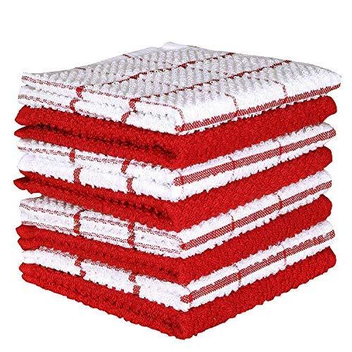 Amour Infini Cotton Terry Kitchen Dish Cloths Set of 8 (12 x 12 Inches), Red