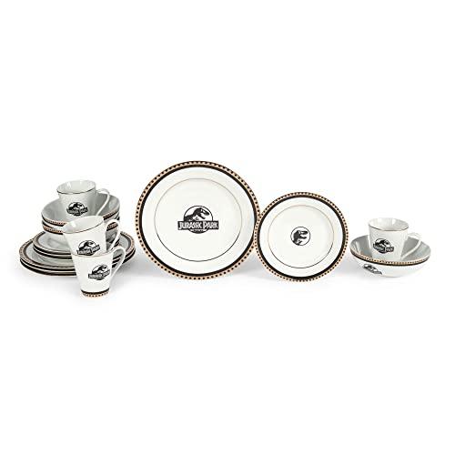 Robe Factory LLC Jurassic Park Logo 16-Piece Ceramic Dinnerware Set Replica | Movie-Authentic Dinosaur Dish Set | Includes Dinner Plates, Salad Plates, Soup Bowls, Mugs | Place Setting for 4