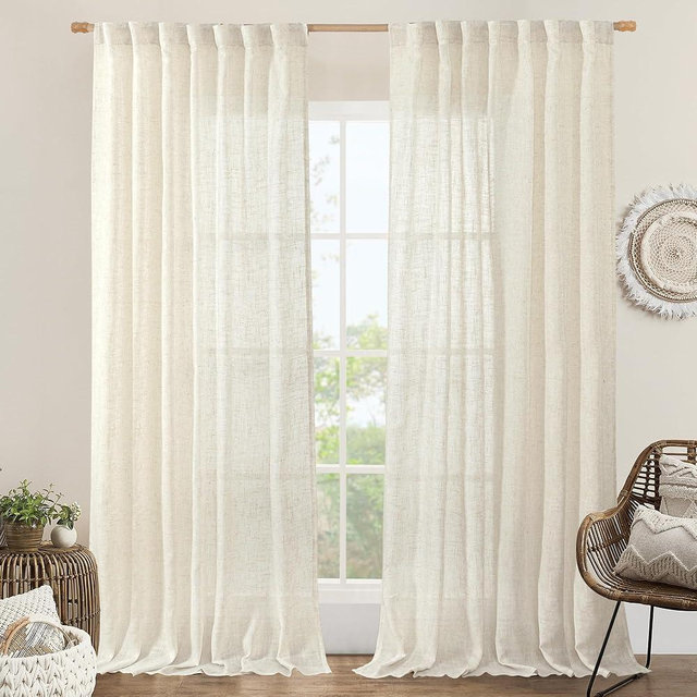 LAMIT Extra Wide Linen Curtains for Bedroom, Natural Cream Ivory Light Filtering Faux Linen Textured Panels Semi Sheer Back Tab and Rod Pocket Boho Drapes for Living Room, 2 Panels, 60 x 84 Inch