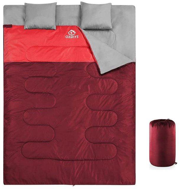 oaskys Double Sleeping Bag for Adults with 2 Pillows - Queen Size XL Waterproof Sleeping Bag for All Season Camping Hiking Backpacking 2 Person Sleeping Bags for Cold Weather & Warm