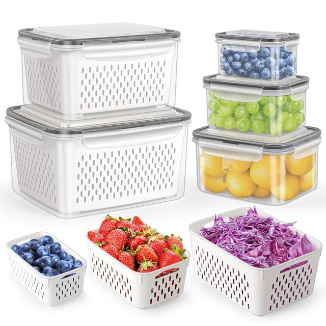 HOTEC 5-Pack Large Fruit Storage Container for Fridge Leak proof with Removable Colander, BPA Free Dishwasher & microwave safe Largest 4.15L