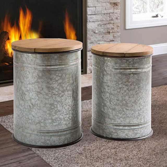 oneinmil Rustic Storage Bins Farmhouse End Table Farmhouse Furniture Galvanized Metal Stool Ottoman Seat with Round Wood Lid Set of 2
