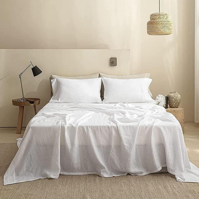 Simple&Opulence 100% Linen Sheet Set Solid Color-4 Pcs Washed French Linen Bed Sheets(1 Flat Sheet,1 Fitted Sheet,2 Pillowcases)-Breathable Bedding Set (White, Queen)