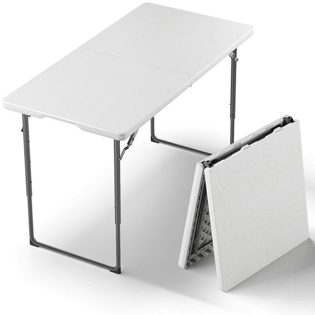 Folding Table, 4FT Foldable Picnic Table with Adjustable Height, Heavy Duty Fold-in-Half Portable Table for Weddings, Camping, RV Travel, Parties, BBQs, and Indoor Use, Easy to Fold and Store