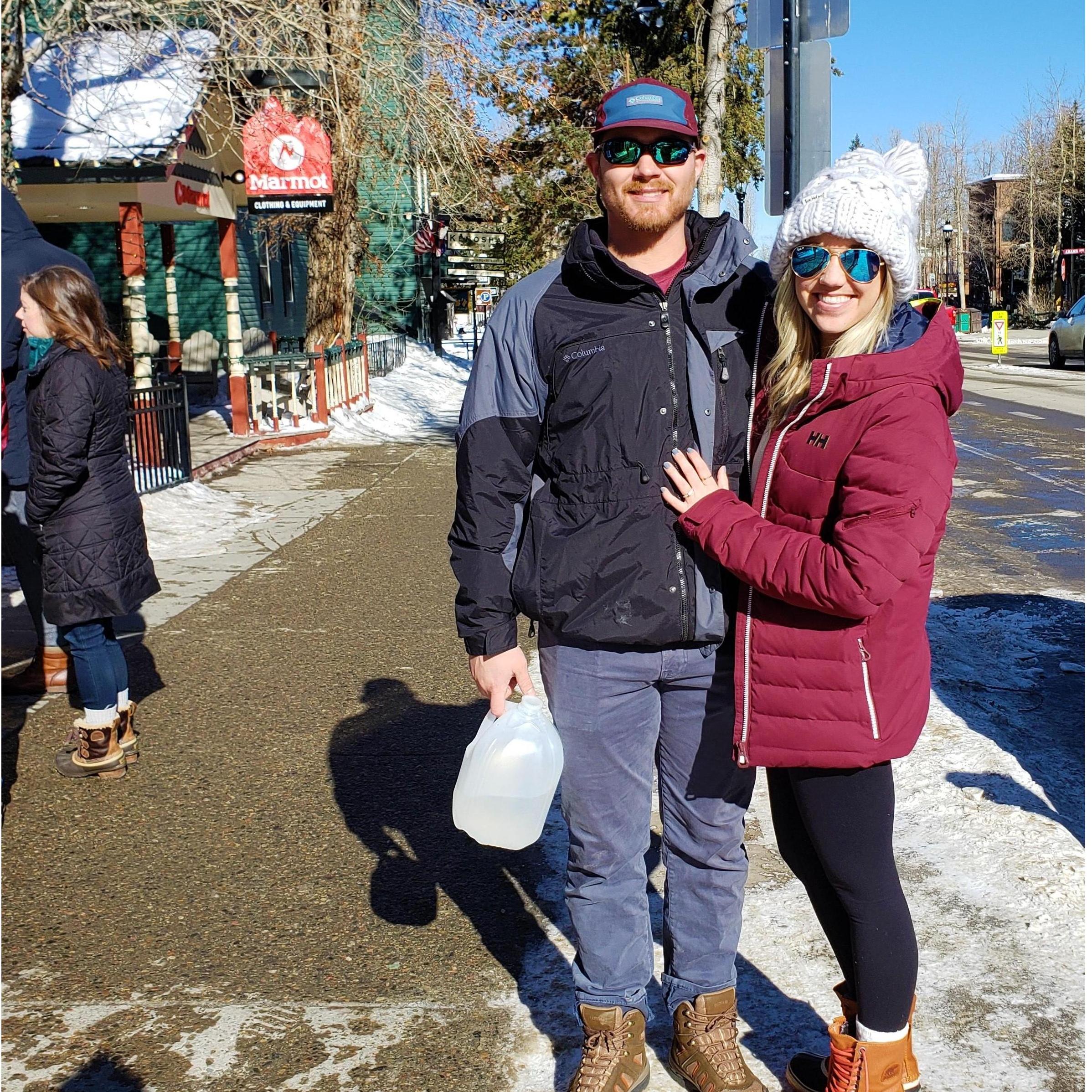 In line for crepes, in Breckenridge, the morning after getting engaged.