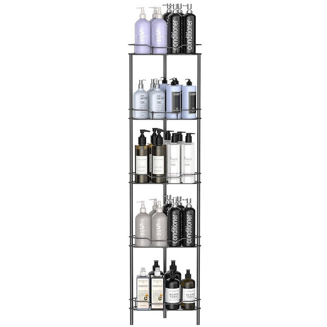 HuggieGems 5 Tier Floor Standing Corner Shower Caddy Organizer Shelf with Hooks, Bathroom Shelves Stand Rack, Matt Black
