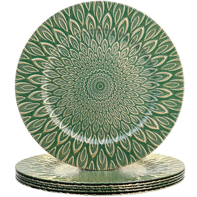 SforGUVA Green Charger Plates, 13 Inch Set of 6 Plastic Peacock Chargers for Dinner Plates,Table Settings, Easter, Thanksgiving, Christmas Party, Family Gathering.