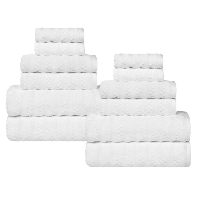 Waffle Textured Stripes Zero Twist Cotton Medium Weight 12 Piece Towel Set, White - Blue Nile Mills