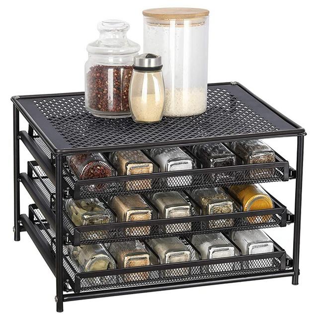 Spice Rack Organizer for Cabinet, 3 Tier 30-Bottle Spice Drawer Storage, Seasoning Shelves for Kitchen Pantry Countertop, Metal (Brown)