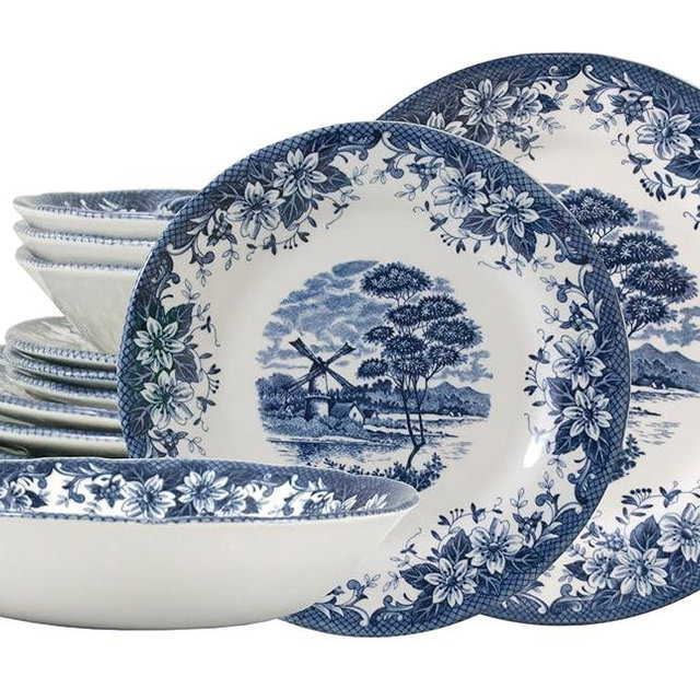 TUDOR ROYAL 12-Piece Porcelain Round Dinnerware Set, Service for 4, WINDMILL BLUE Design, Blue Floral, Plates Bowls Dishes, Premium Quality Tableware, Unique Pattern, Glossy