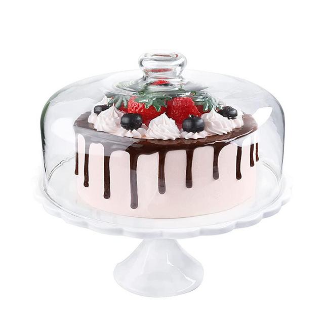 11 Inch Porcelain Cake Stand with 10 Inch Glass Dome Cover, ANMEISH White Ceramic Footed Cupcake Display Plate with Clear Lid, Round Pedestal Pastry Dessert Serving Tray for Birthday Parties, Weddings