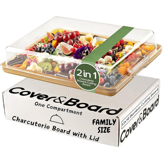 Cover&Board 2-in-1 Charcuterie Board With Lid, Large 12x16 Bamboo Cutting Board and Wooden Tray with Clear Cover, Snack and Cheese Server, Charcuterie Accessories for Entertaining and Travel, Gift Box