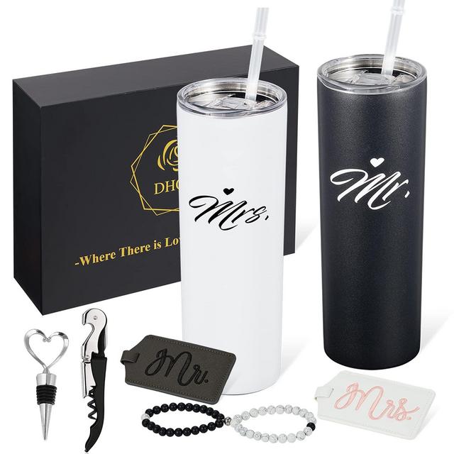 Couples Gift Mr and Mrs Stainless Steel Tumbler,Magnetic Couples Bracelets,Couple Luggage Tags,Engagement Wedding Gifts For Couples, Bridal Shower Gifts For Bride,20 Oz Slim Water Tumbler
