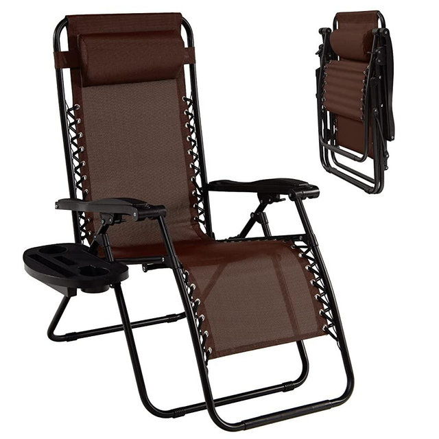 Goplus Zero Gravity Chair, Adjustable Folding Reclining Lounge Chair with Pillow and Cup Holder, Patio Lawn Recliner for Outdoor Pool Camp Yard (1, Brown)