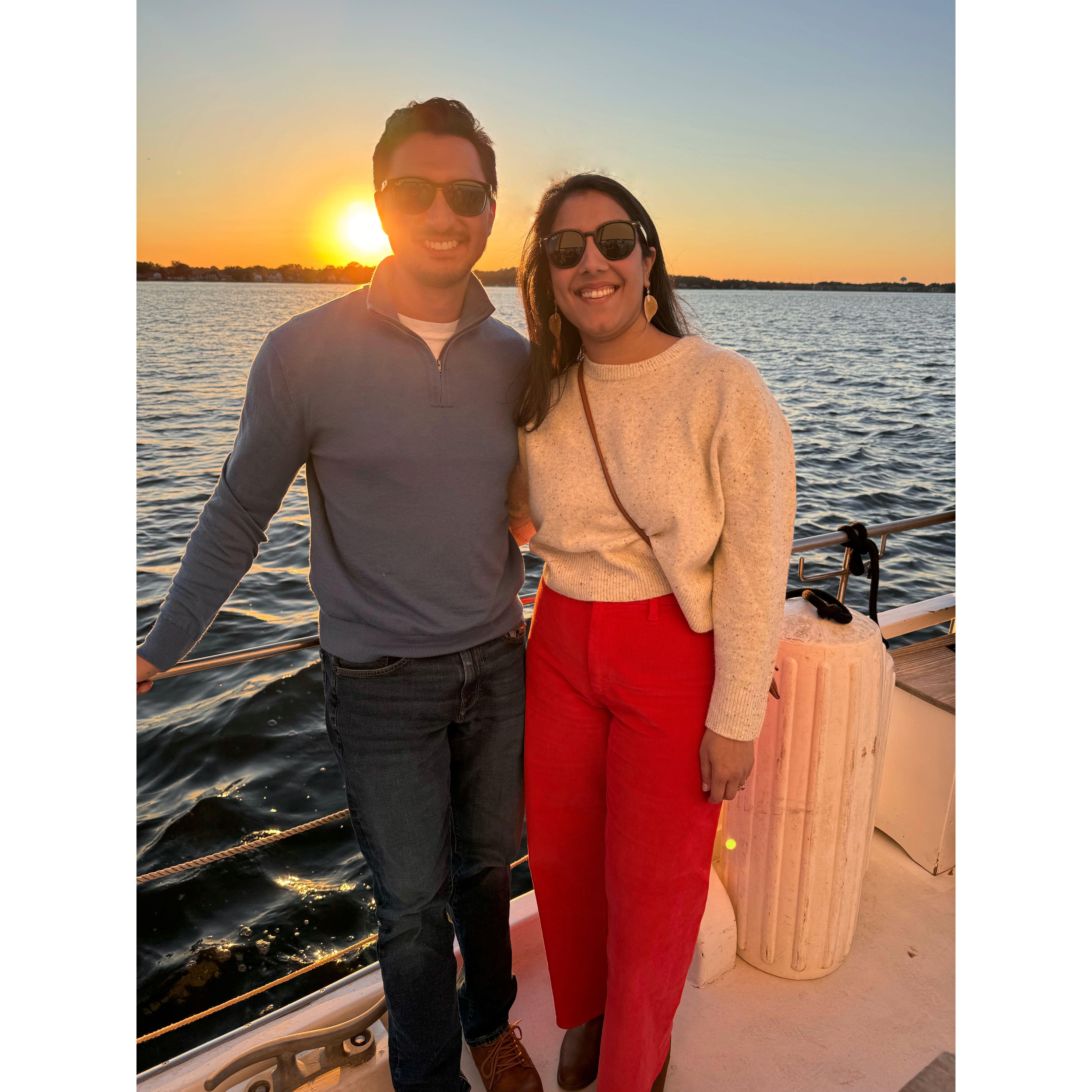 Testing the waters, literally! We took a sunset sailboat cruise in Annapolis on October 11, 2024, to help us choose our wedding date in 2025.