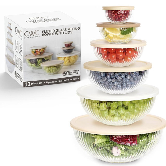 COOK WITH COLOR 12 Pc Glass Mixing Bowl Set with Lids – Borosilicate Glass Nesting Bowls for Cooking, Baking and Meal Prep, Fluted Brown