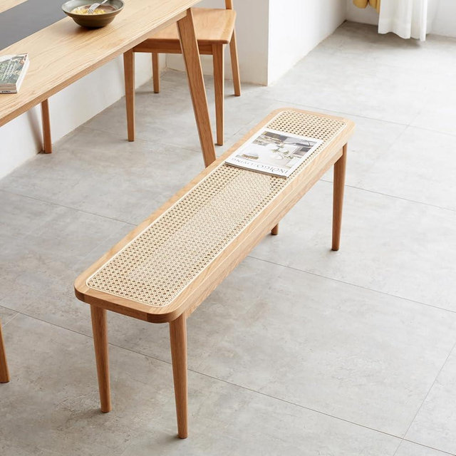 Wayshome 39.4'' Natural Rattan Dining Bench with 100% Solid Oak Wood Bench Frame, Bed End Shoe Ottoman for Kitchen Bedroom Entryway, Natural Oak