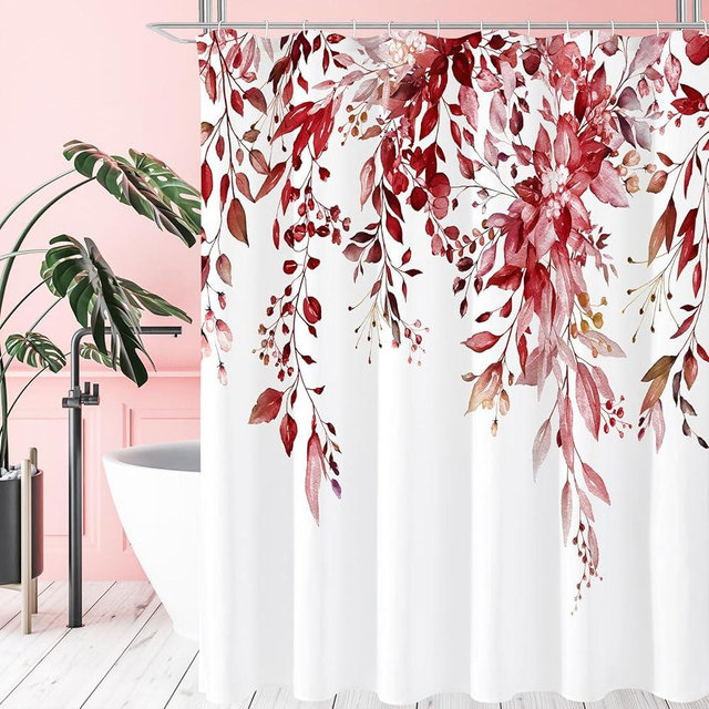 Gibelle Burgundy Red Eucalyptus Shower Curtain, Watercolor Plant Leaves with Floral Bathroom Shower Curtain Set with Hooks, 72x72