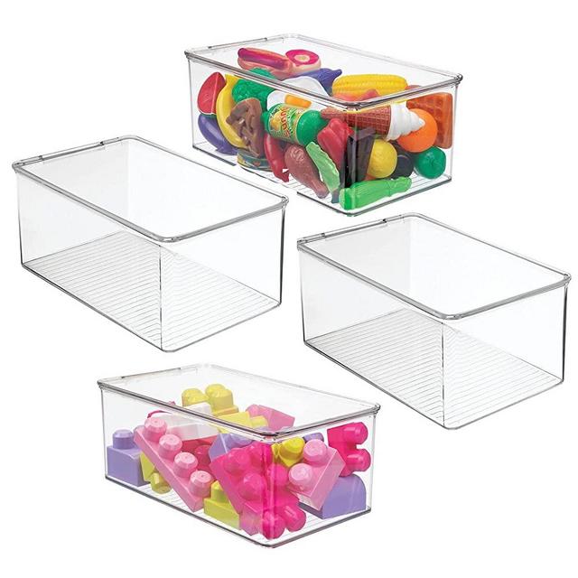 mDesign Playroom Stackable Plastic Storage Box with Lid - for Organizing Baby/Child's/Kids Toys, Action Figures, Crayons, Markers, Blocks, Puzzles, Crafts, Crayons, Dog/Cat Toy Box, 4 Pack - Clear