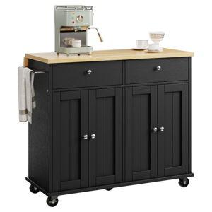 Rolling Kitchen Island Cart With Butcher Block Top – Portable Workstation With Storage Shelves, Locking Wheels - Black