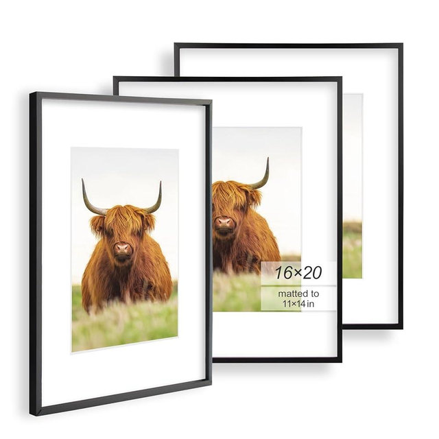 Golden State Art, 16x20 Picture Frame Set of 3, Black Thin Border Photo Frame, Display Pictures 11x14 with Mat or 16x20 Without Mat, Poster Frame for Wall Hanging Horizontal and Vertical