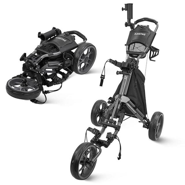FLAGTAG Golf Push Cart 3 Wheel,Foldable Golf Push Cart,Golf Bag Cart with Foot Brake,Umbrella Holder, Cup Holder, Storage Compartment