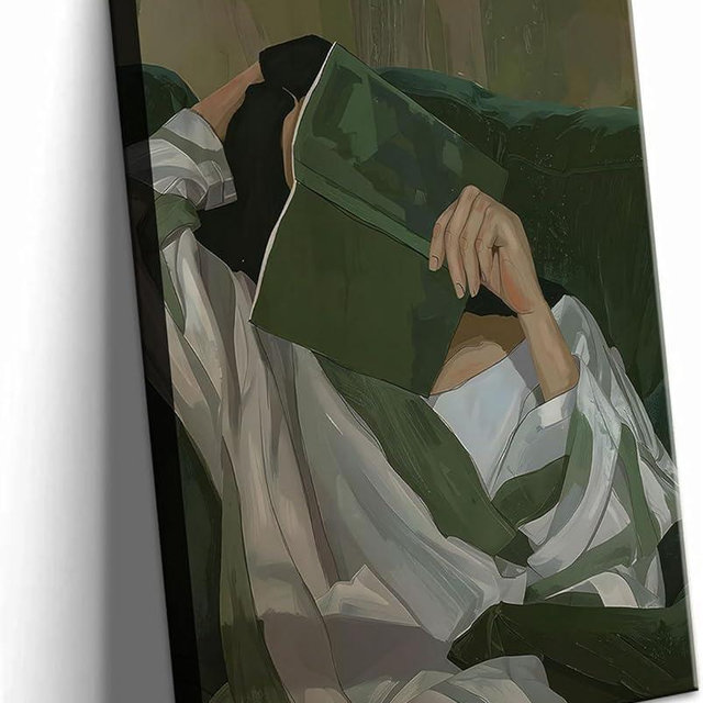 Emerald Green Reading Woman Canvas Wall Art Abstract Cozy People Wall Decor Pictures Minimalist Green Feminine Aesthetic Poster Print for Bedroom Living Room Home Decoration 12x16in