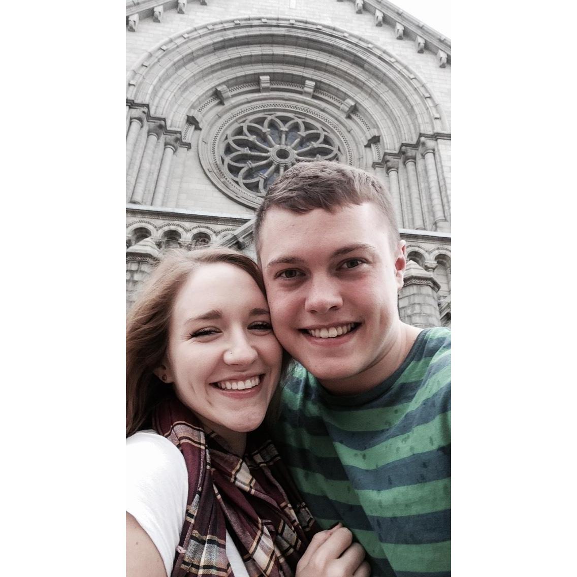 This is RIGHT before it started downpouring outside St. Peter's Cathedral in St. Louis - this was our "halfway" mark that we met up in when James was at his first assignment in Columbus, Mississippi!