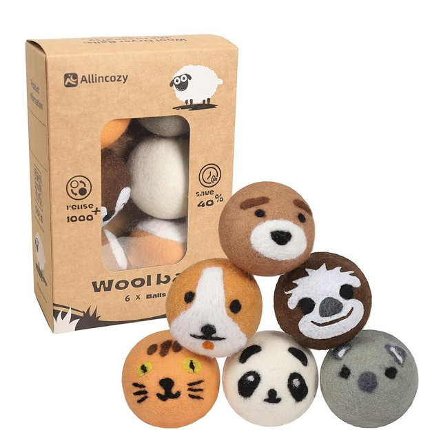 ALLINCOZY Wool Dryer Balls Laundry Reusable, Natural Eco-Friendly Fabric Softener Reduce Clothing Wrinkles, New Zealand Wool Laundry Balls for Dryer (Pack of 6, Animal)