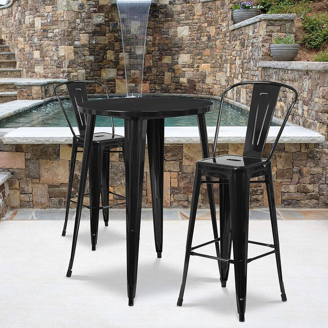 EMMA + OLIVER Commercial 30" Round Black Metal Indoor-Outdoor Bar Table Set-2 Cafe Stools