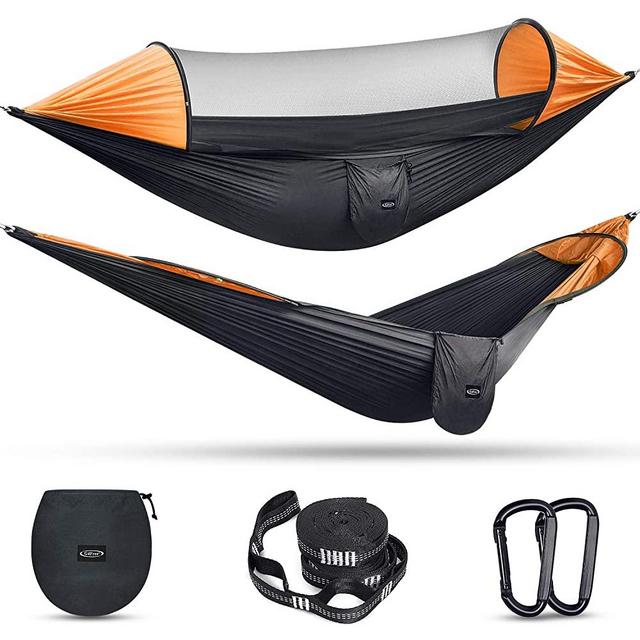 G4Free Large Camping Hammock with Mosquito Net 2 Person Pop-up Parachute Lightweight Hanging Hammocks Tree Straps Swing Hammock Bed for Outdoor Backpacking Backyard Hiking