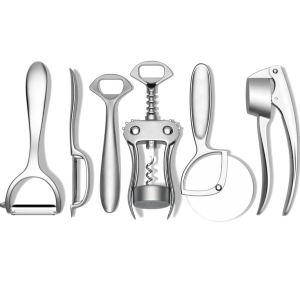 Public Goods Kitchen Tool Set | 6 Piece Kitchen Utensil Set | Includes Y-Peeler, Peeler, Bottle Opener, Wine Opener, Pizza Cutter, and Garlic Press | Plastic-Free, Dishwasher Safe Gadget Essentials
