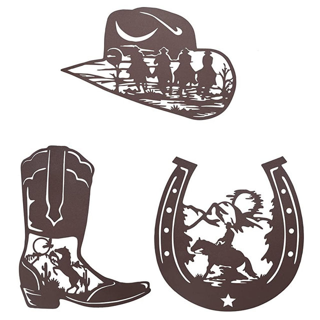 VinSees Metal Horseshoe Cowboy Boots Cowboy Hat Wall Art Decor, Rustic Western Wall Decor, Western Themed Cowboys Riding Horses Decorations for Home Bedroom Bathroom, Set of 3